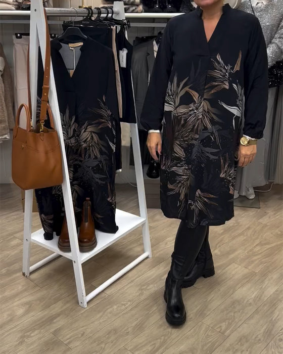 Klänning V-Ringad Bladtryck Långärmad