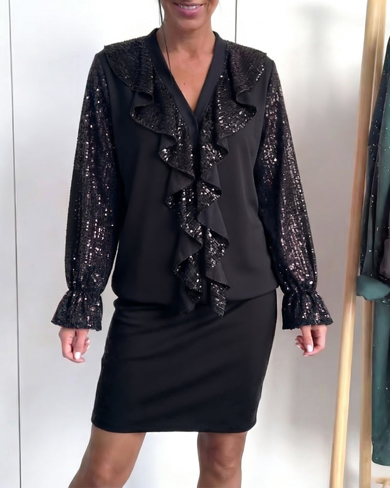 Klänning Volanger V-hals Glitter