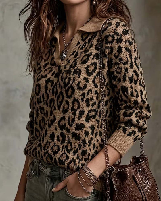 Pullover Krage Leopard V-Hals