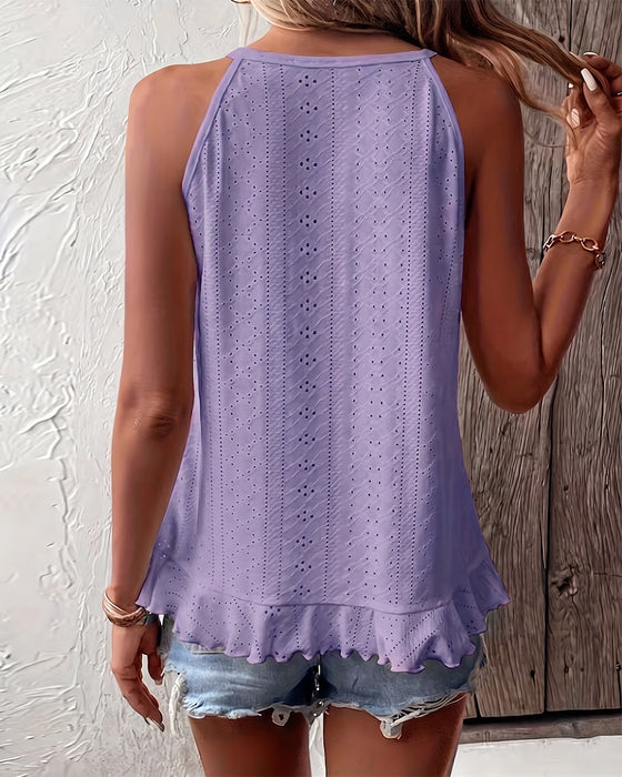 Linne Topp Asymmetrisk Ruffle Rund Hals