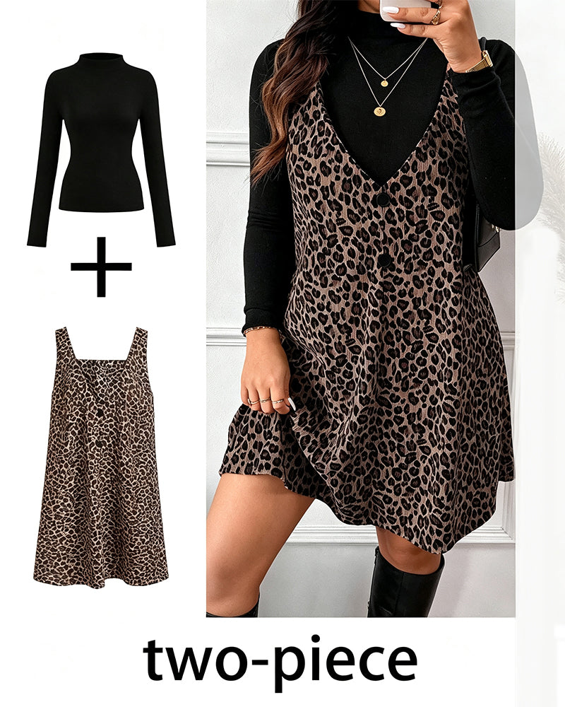 Set Turtleneck Slim Fit Leopardmönstrad Hängselkjol