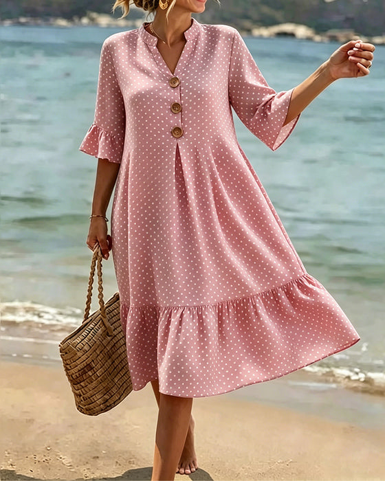 Klänning Polka Dot V-Hals Rynkad Ärm