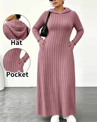 Klänning Huvtröja Ficka Ribbad Figurnära