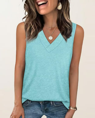 Linne T-Shirt Dam Ärmlös V-Hals Bantning Lös Passform Avslappnad