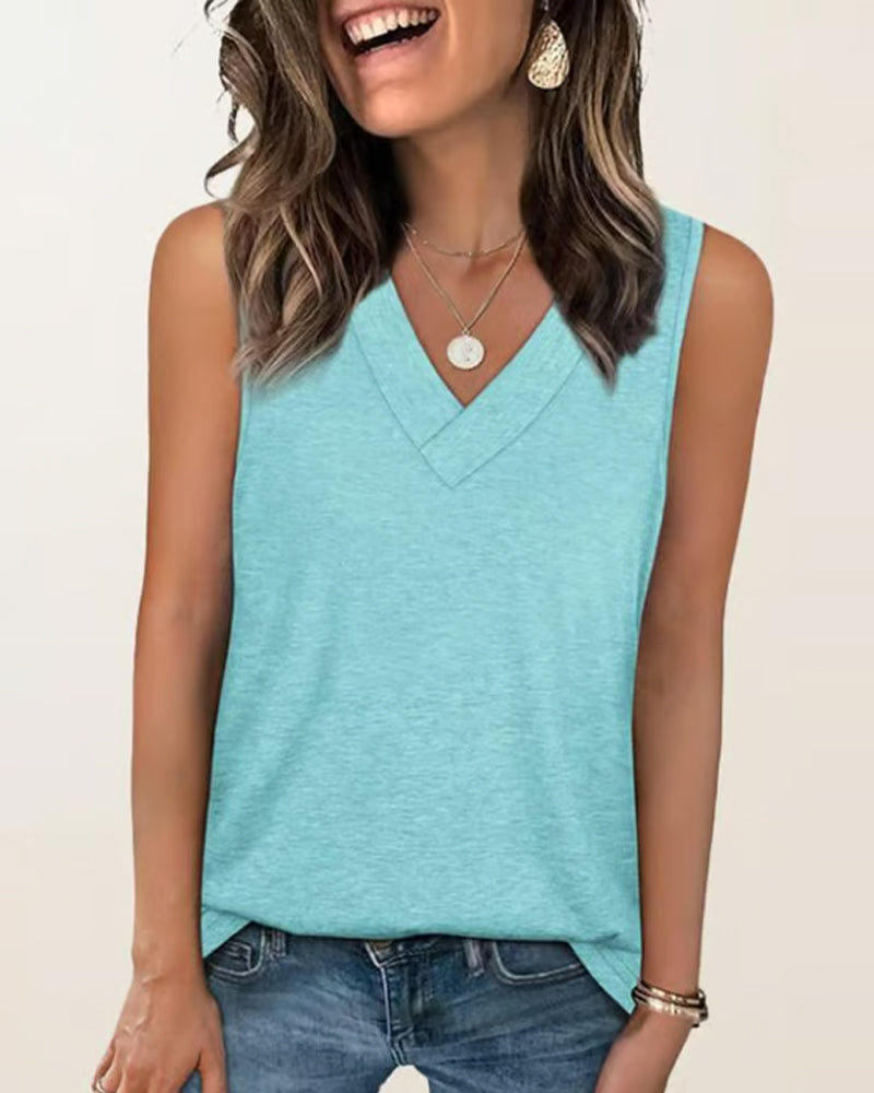 Linne T-Shirt Dam Ärmlös V-Hals Bantning Lös Passform Avslappnad