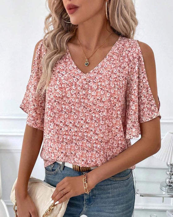 Blus V-Hals Blommig Off-Shoulder Fladder Ärm