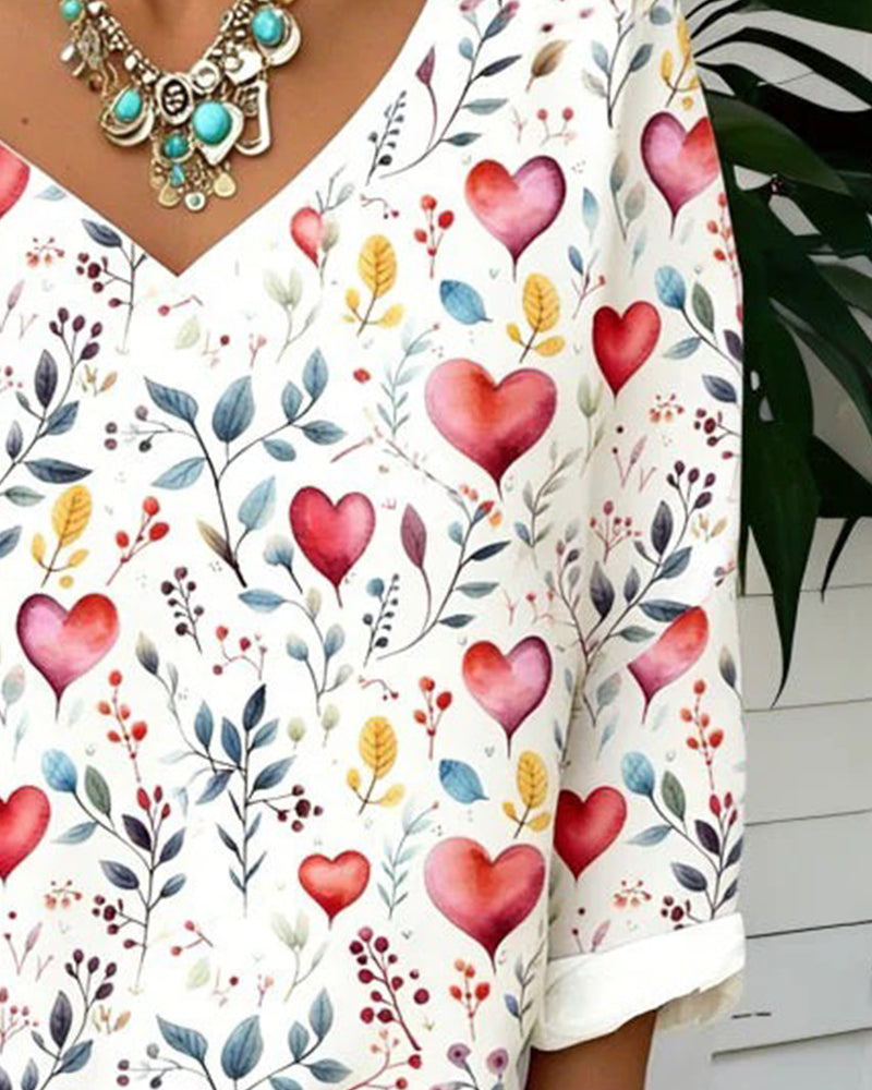 Topp Hjärta Växt Tryck V-Hals