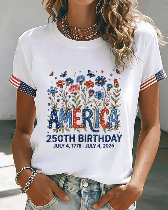 T-Shirt Rund Hals Bokstav Färgglad Blommig Tryck