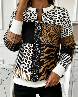 Sweatshirt Dragkedja Leopard Prickigt Mönster