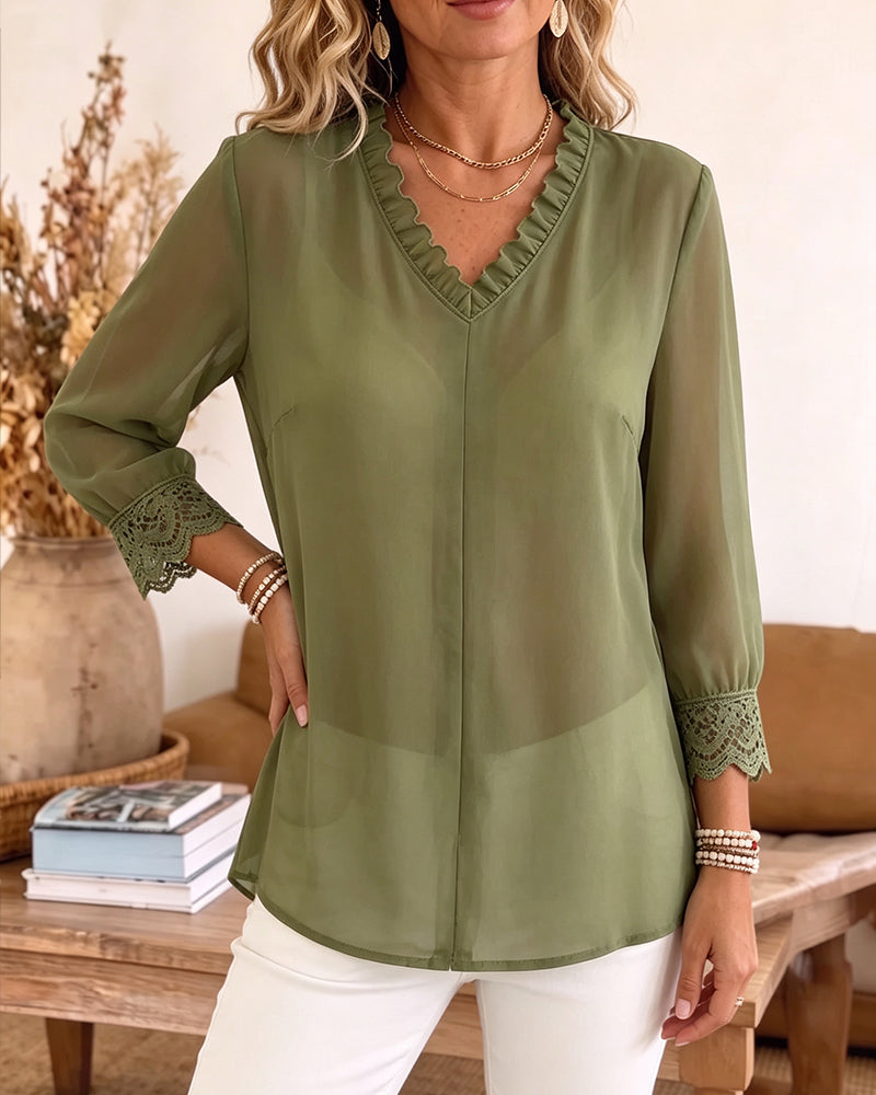 Blus V-Hals Ruffle Spets Patchwork
