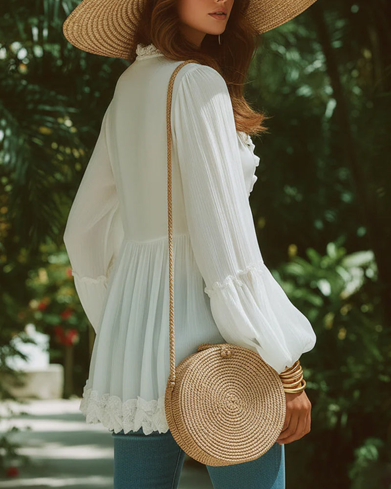 Blus Fransk Puff Ärm Spets