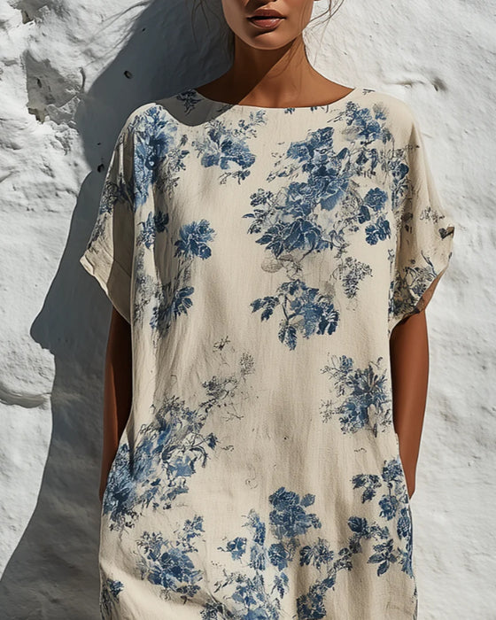 Klänning Rund Hals Vintage Blå Floral