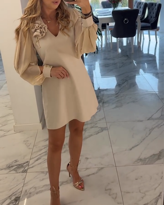 Klänning Tredimensionell Blomma V-ringning Lykta Ärm