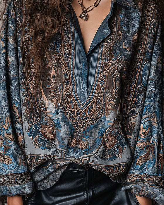 Blus Retro Tryck V-hals Krageslag Sofistikerad