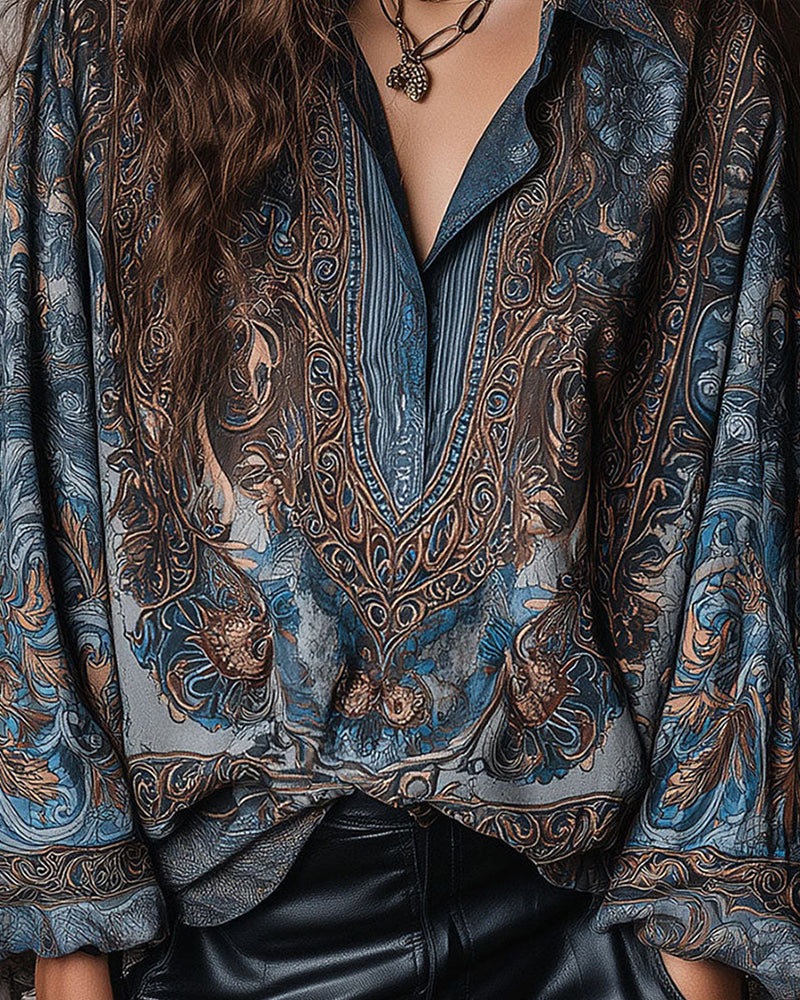 Blus Retro Tryck V-hals Krageslag Sofistikerad