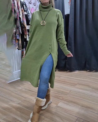 Pullover Turtleneck Knapp Slits Lång