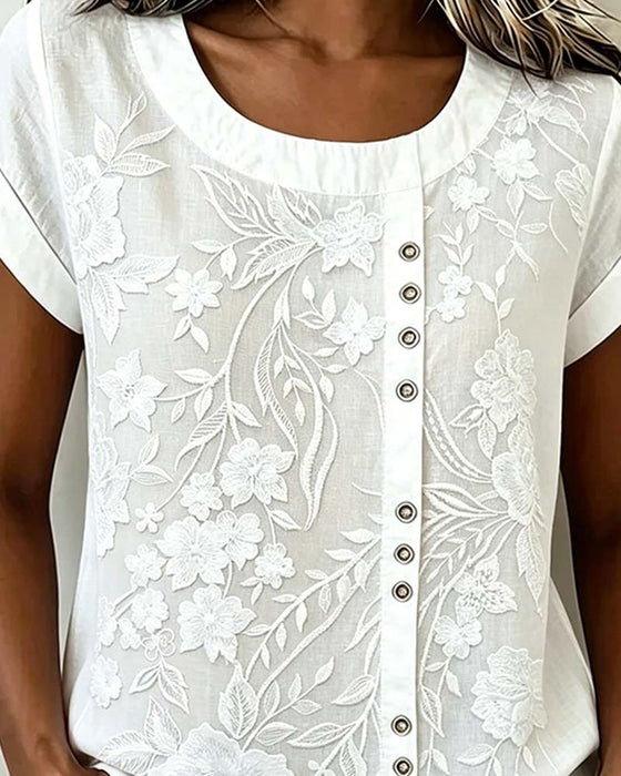 Blus Blommig Knapp Rundhalsad Kortärmad