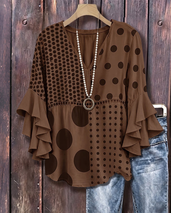Blus Blandad Prickig Patchwork Ruffle