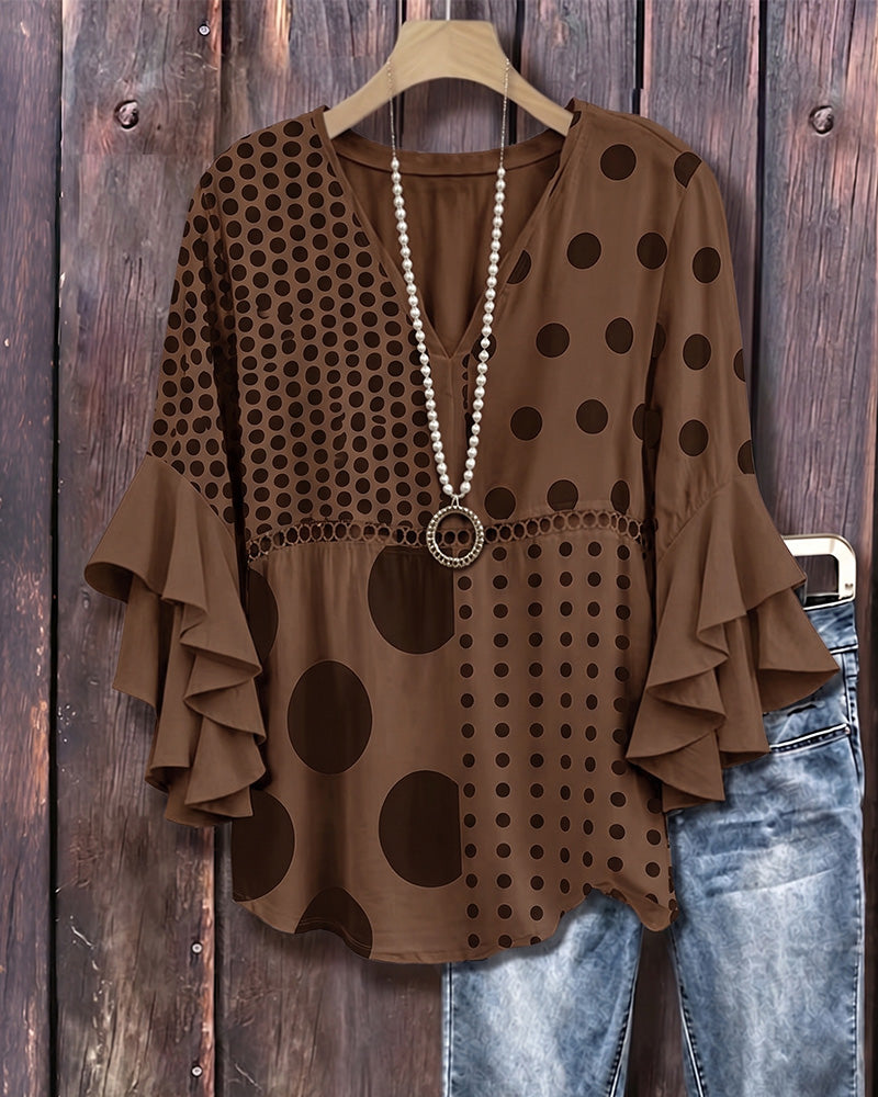 Blus Blandad Prickig Patchwork Ruffle