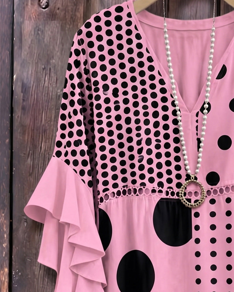 Blus Blandad Prickig Patchwork Ruffle