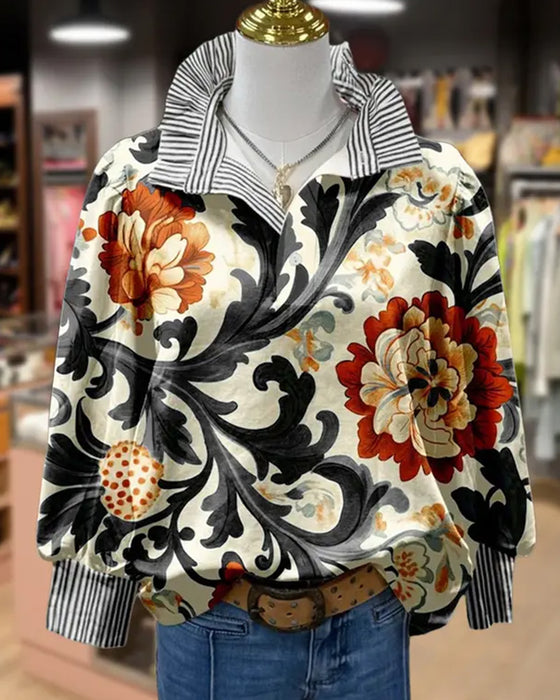 Vintage Blommig Lapptäcke Rand Krage Blus