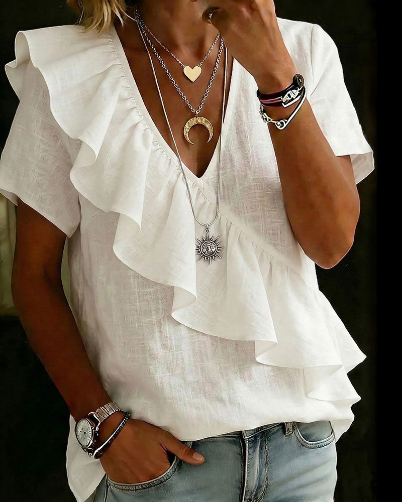 Blus V-Ringad Kort Ärm Volang
