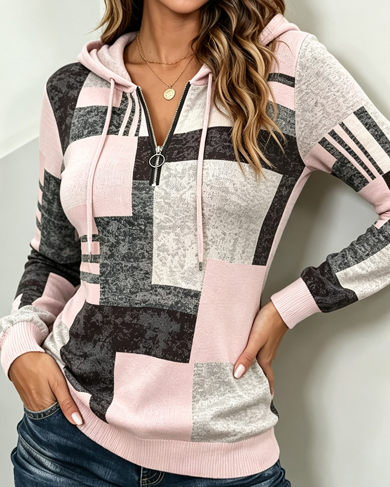 Hoodie Halv-Zip Ledig Kontrast Rutmönster