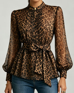 Blus Leopard Tryck Ståkrage Puff Ärm Snörning