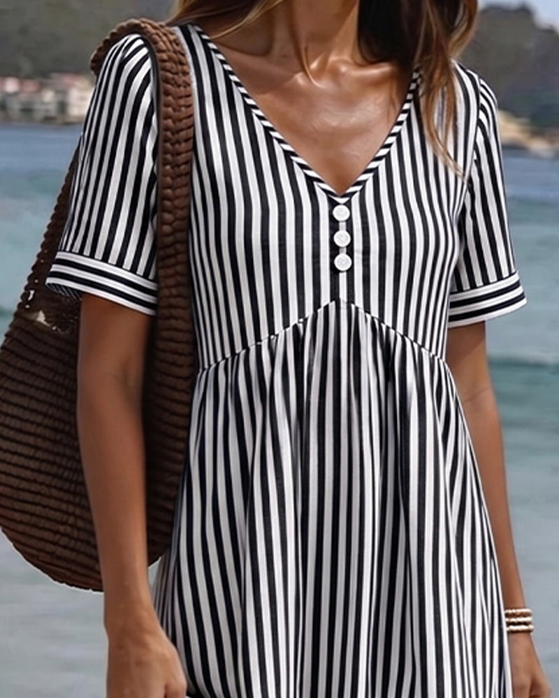 Klänning Vertikal Rand Babydoll V Hals A Linje