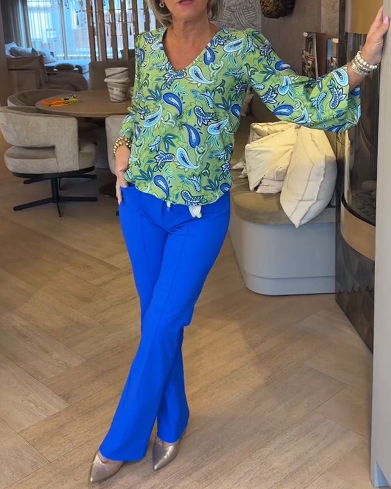 Topp Vattendroppstryck Långärmad V-Ringad