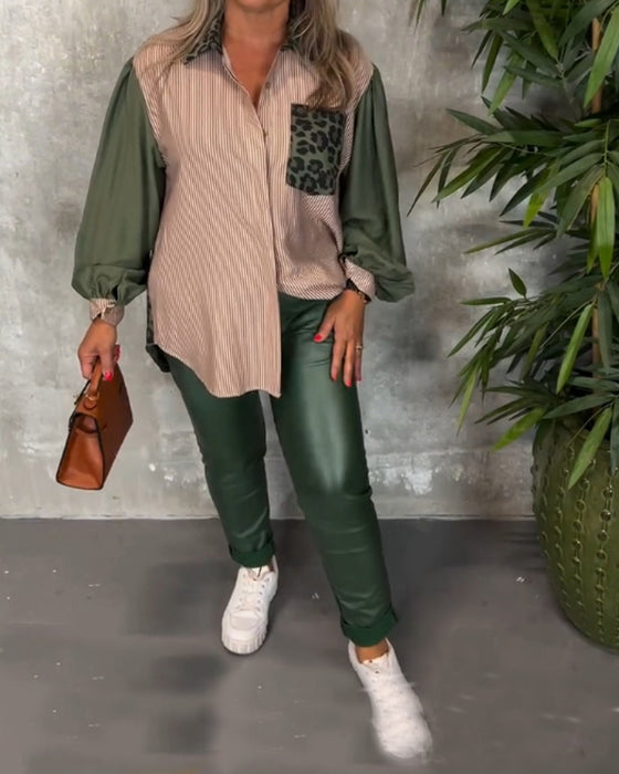 Lapel lantern ärm leopardmönstrad skjorta