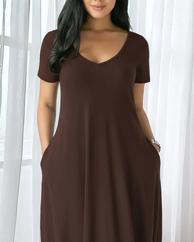 Klänning Enfärgad V-Ringad Korta Ärmar Maxi