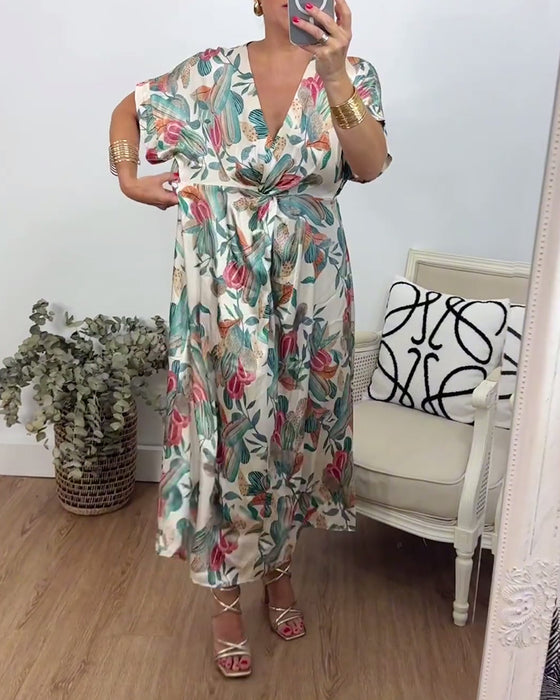 Botaniskt tryck v-ringad elegant klänning
