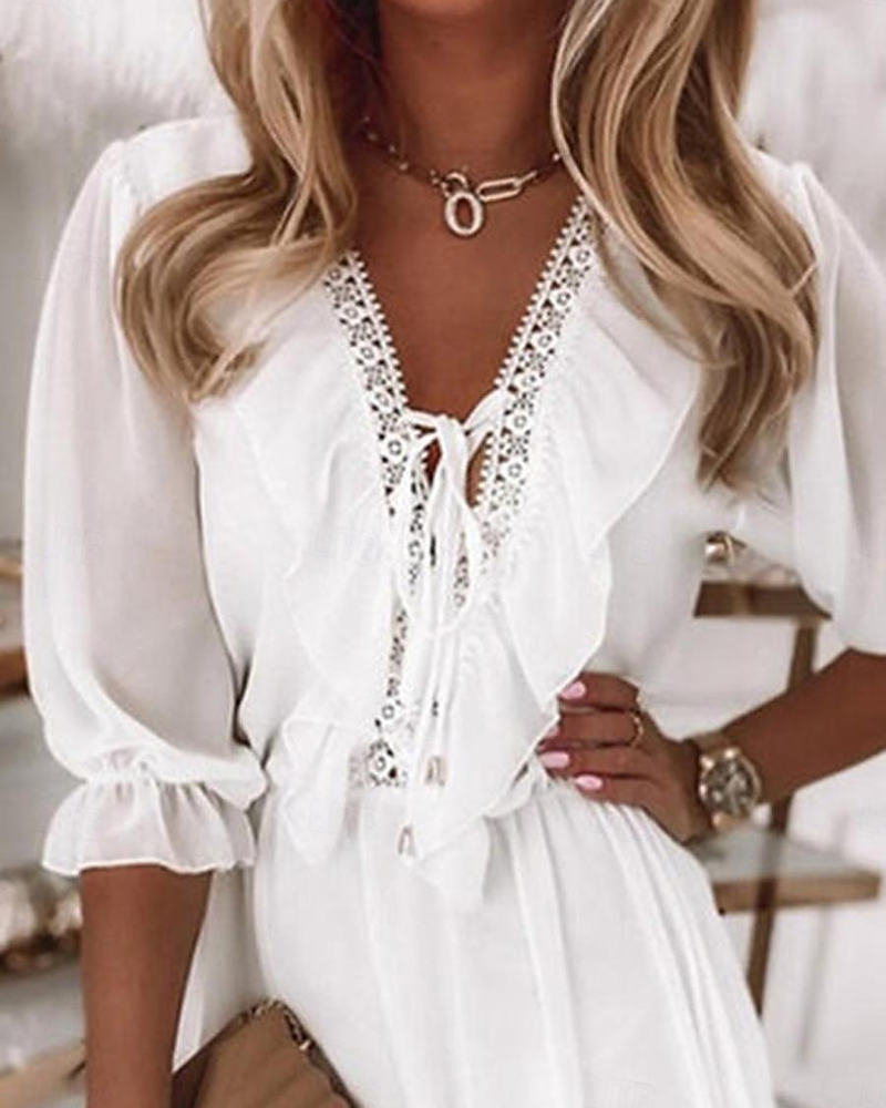 Klänning Spets V-Ringning Volang Kort