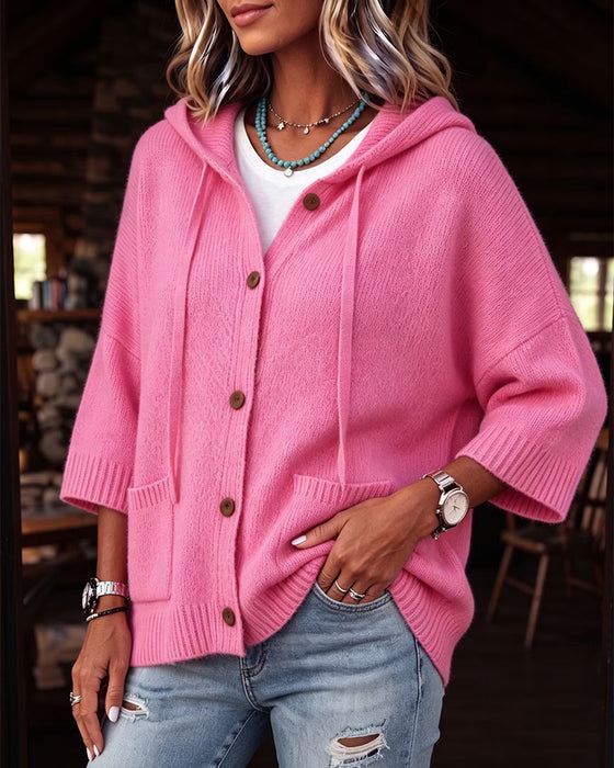 Cardigan Armbågslång Ärm Huvförsedd Enkelknäppt