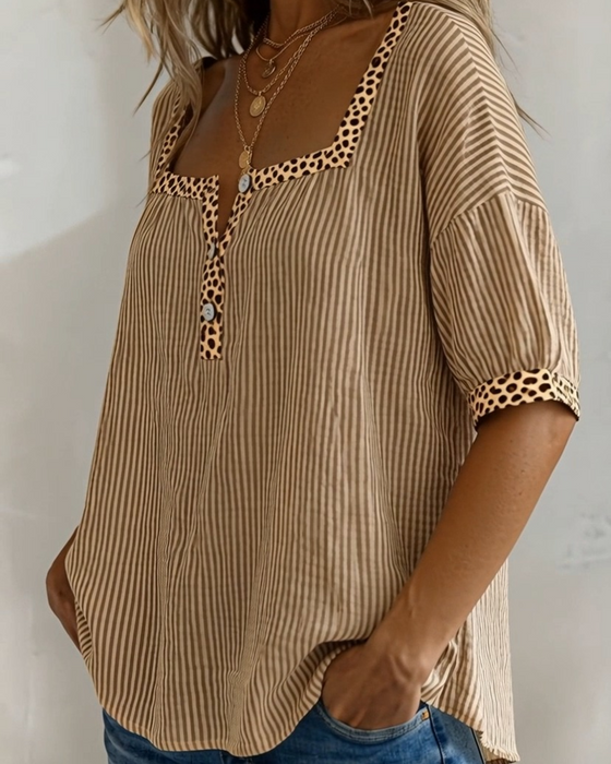Blus Fyrkantig Hals Kort Ärm Leopard Tryck