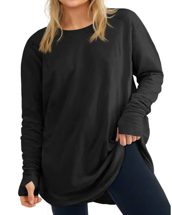 T-Shirt Rundhalsad Långärmad Enfärgad Lössittande