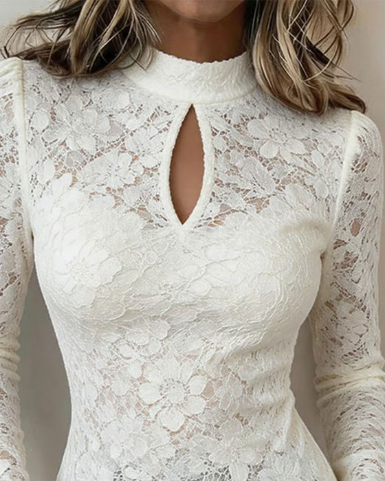 Topp Liten Turtleneck Hålig Spets Slim-Fit