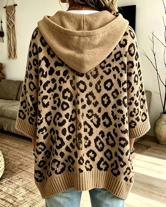 Hoodie Leopardmönster Mellanärm Ficka