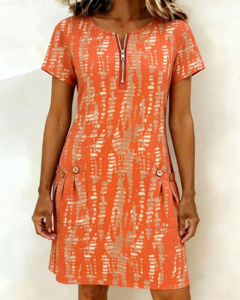 Klänning Tryckt Halv-Dragkedja Stor Ficka