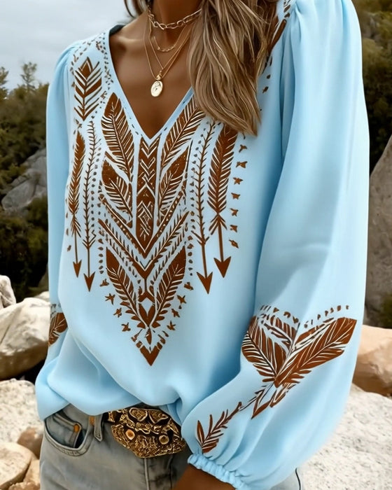 Blus Puckad Ärm V-Ringning Lössittande