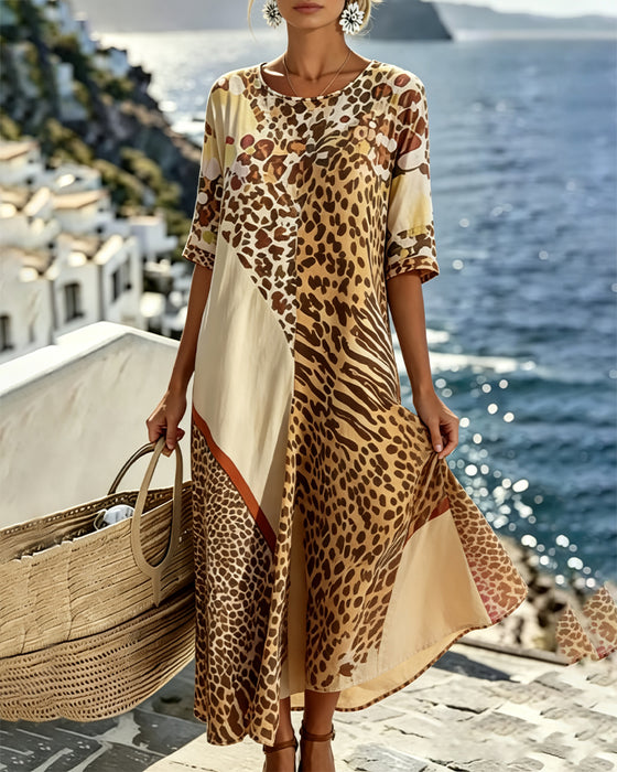 Klädning Leopard Tryck Rundhalsad Patchwork