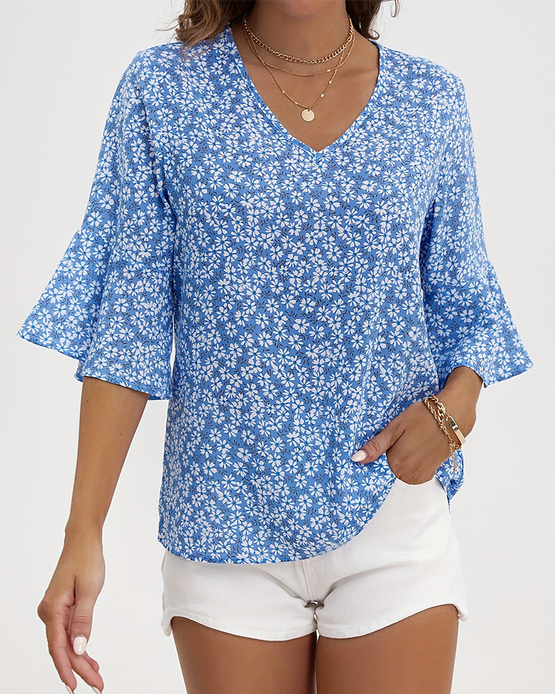 Blus V-Hals Floral Fjäril Ärm