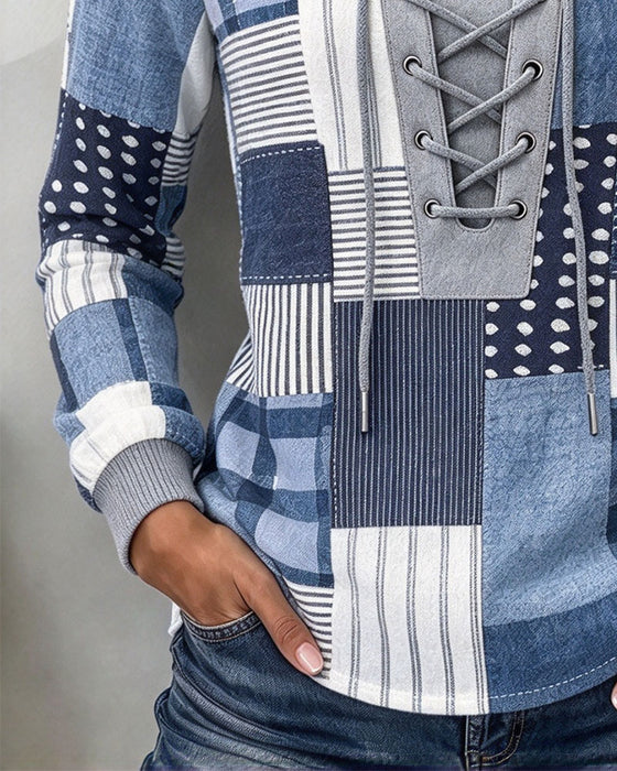 Sweatshirt Snörning Pläd Långärmad Slim