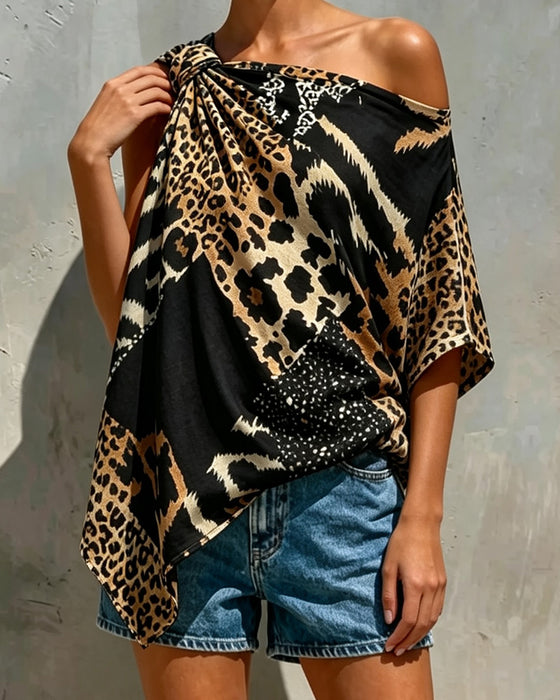 Blus Leopardmönster Patchwork Enaxlad