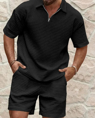 Set Polo Krage Dragkedja Våffel Textur Shorts