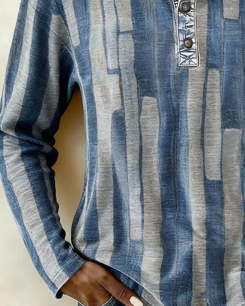 Tryckt Topp Med Knappskjortkrage Och Långa Ärmar