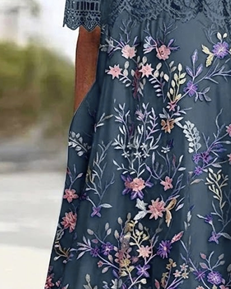 Klänning Spets Blommönster Patchwork A-Linje