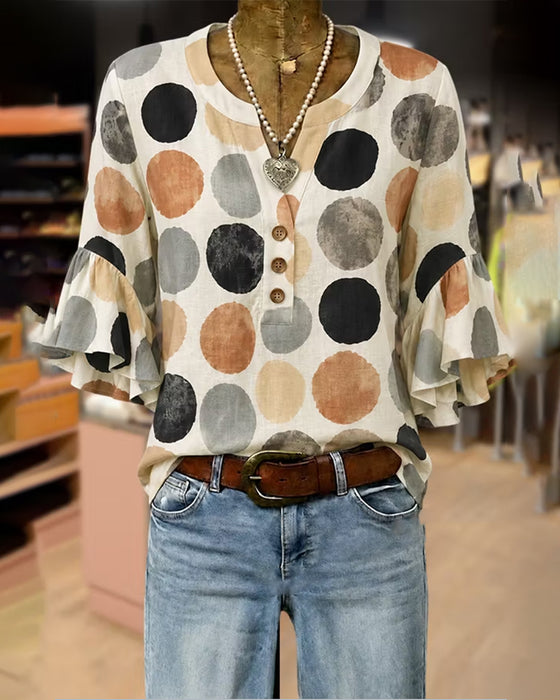 Blus Stor Prickig Ruffle V-Hals