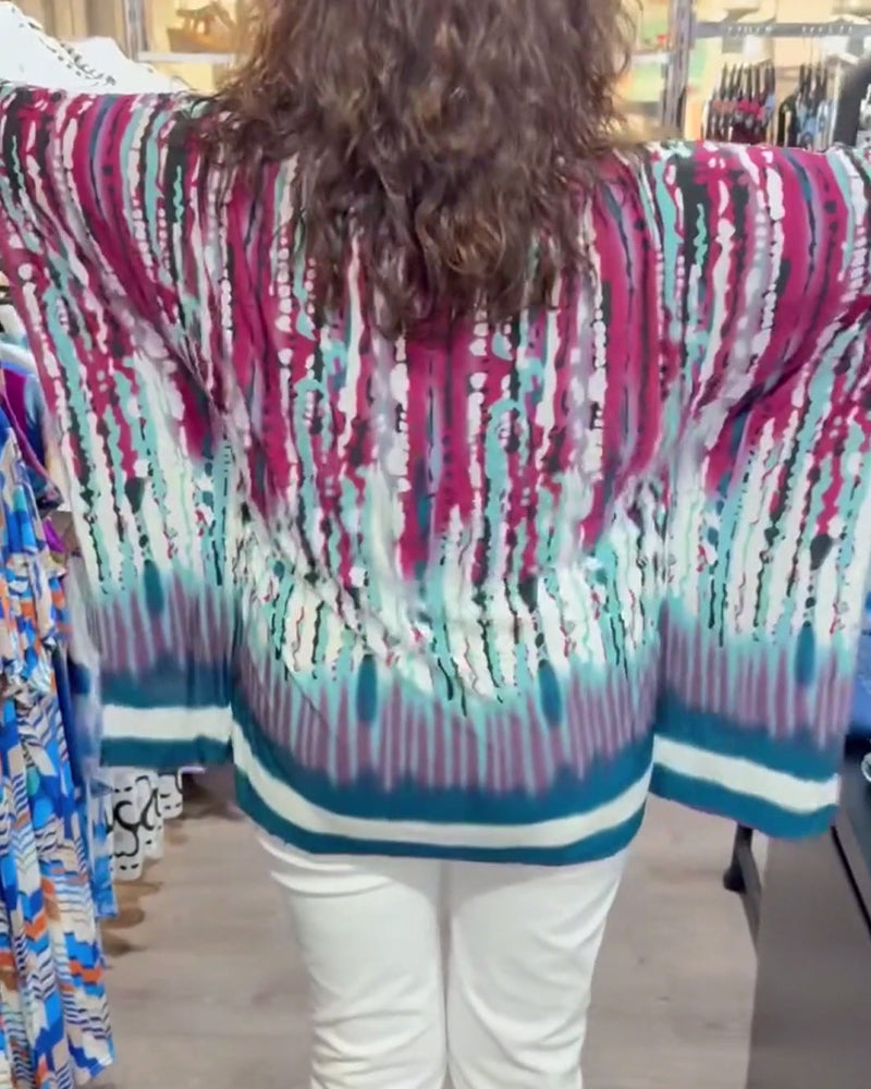 Topp Tie-Dye V-Ringad Dragkedja Fram Fladdermusärm